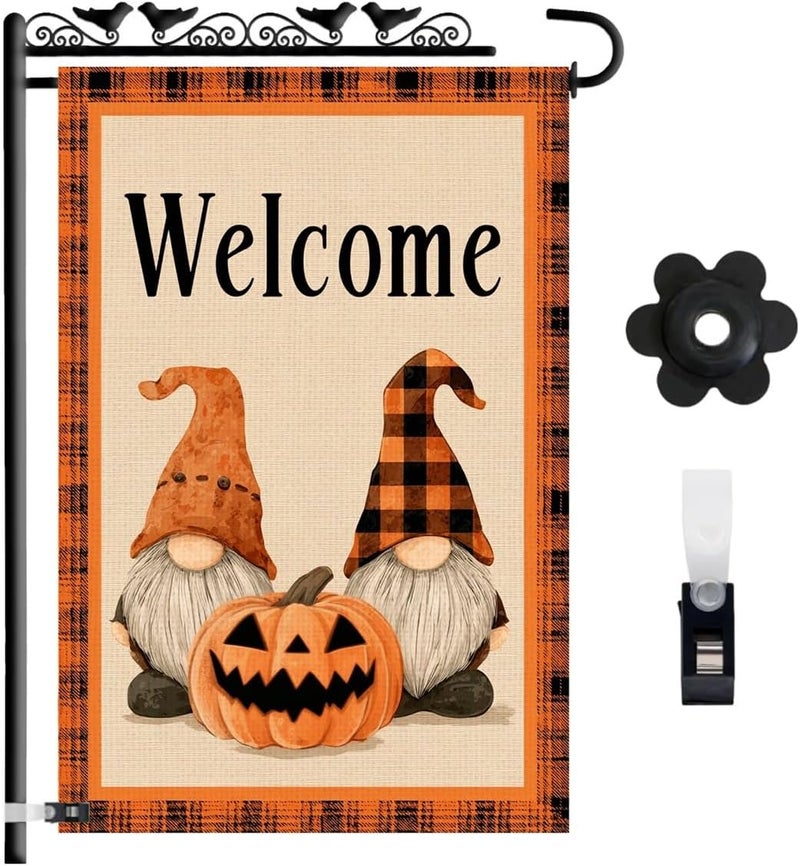 KarvePro Welcome Halloween Garden Flag with Gnome and Pumpkin – 12x18 Double Sided Burlap Halloween Flag for Outside – Fall Yard Decor for Garden or Porch - Image 1